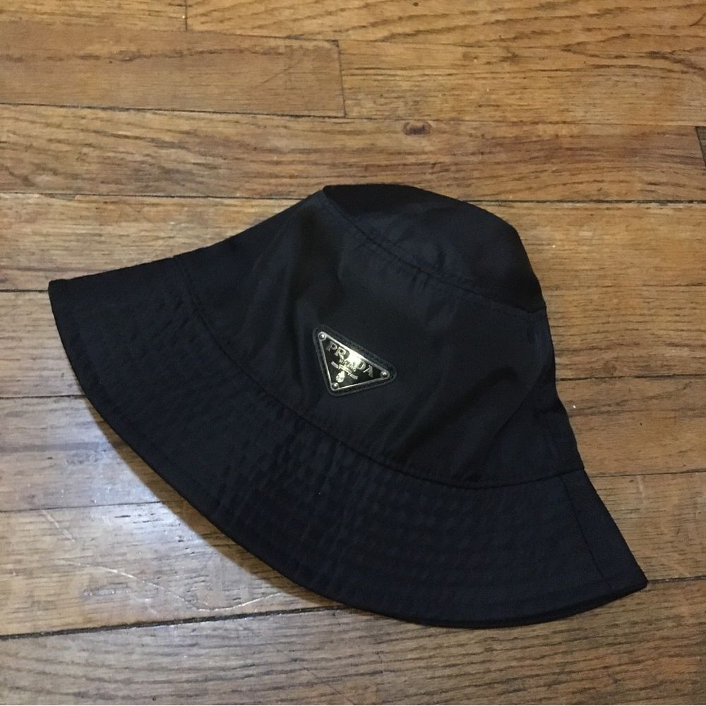 Prada Milano Black bucket hat rain resistant Silver metal logo on front